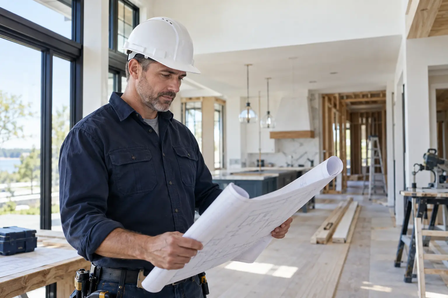 General contractor reviewing construction plans